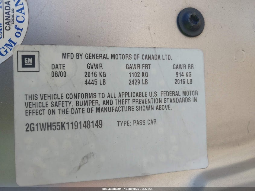 2001 Chevrolet Impala Ls VIN: 2G1WH55K119148149 Lot: 43584501