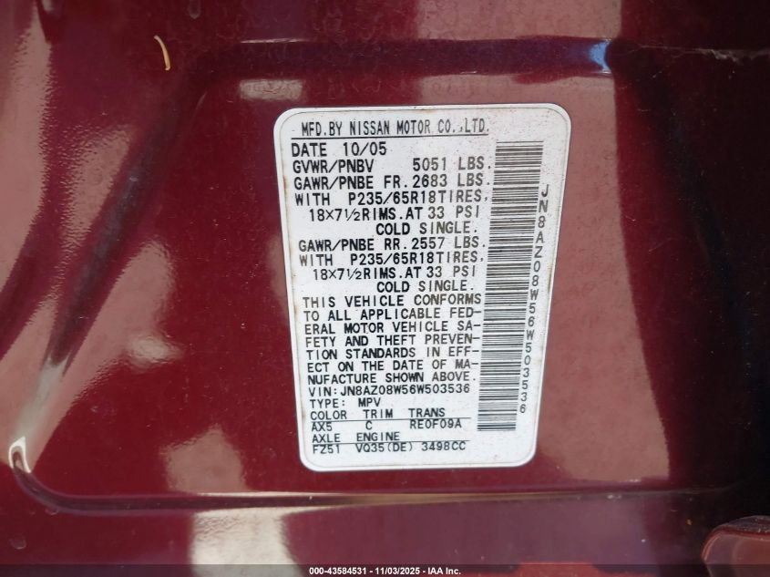 2006 Nissan Murano S VIN: JN8AZ08W56W503536 Lot: 43584531