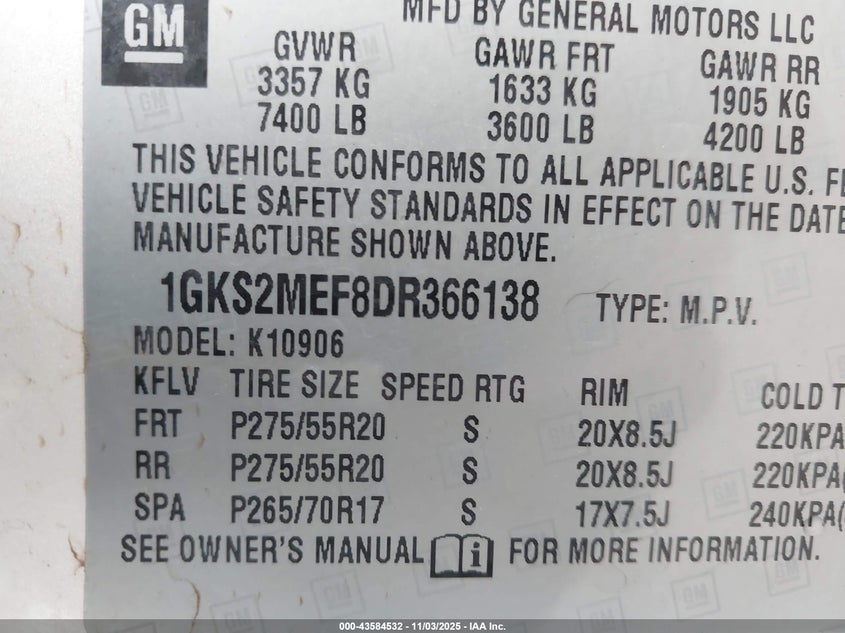2013 GMC Yukon Xl 1500 Denali VIN: 1GKS2MEF8DR366138 Lot: 43584532