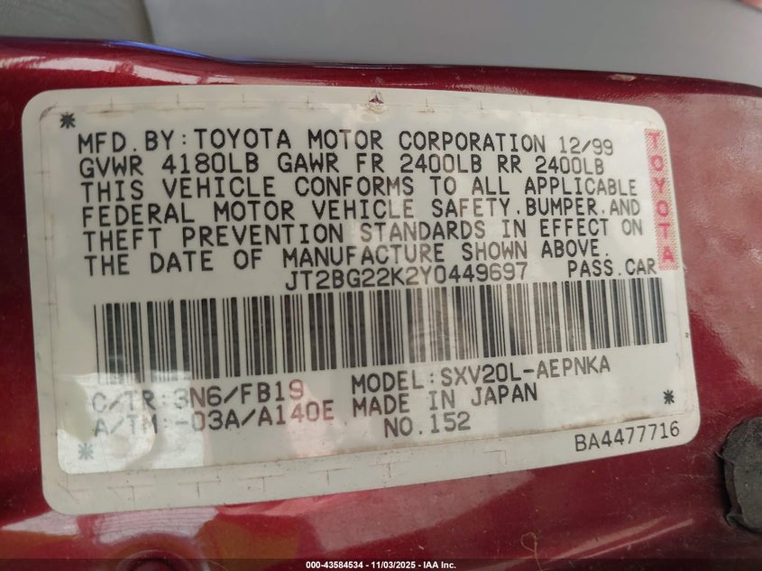 2000 Toyota Camry Le VIN: JT2BG22K2Y0449697 Lot: 43584534