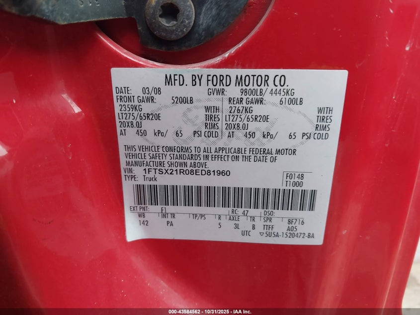 2008 Ford F-250 Fx4/Lariat/Xl/Xlt VIN: 1FTSX21R08ED81960 Lot: 43584562