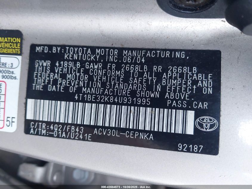 2004 Toyota Camry Le VIN: 4T1BE32K84U931995 Lot: 43584573