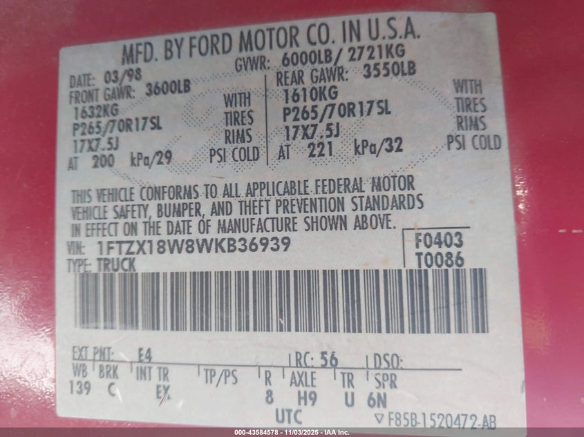 1998 Ford F-150 Lariat/Standard/Xl/Xlt VIN: 1FTZX18W8WKB36939 Lot: 43584578