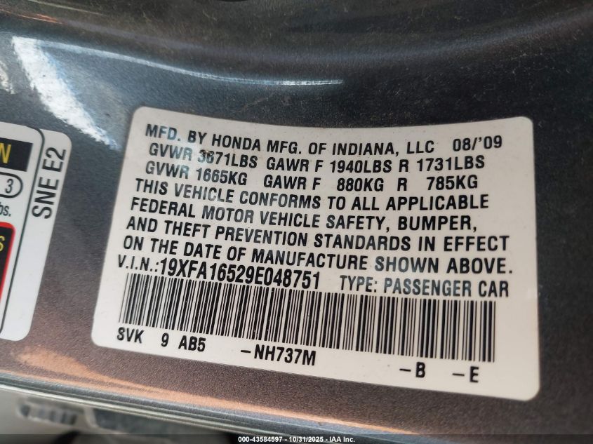 2009 Honda Civic Lx VIN: 19XFA16529E048751 Lot: 43584597
