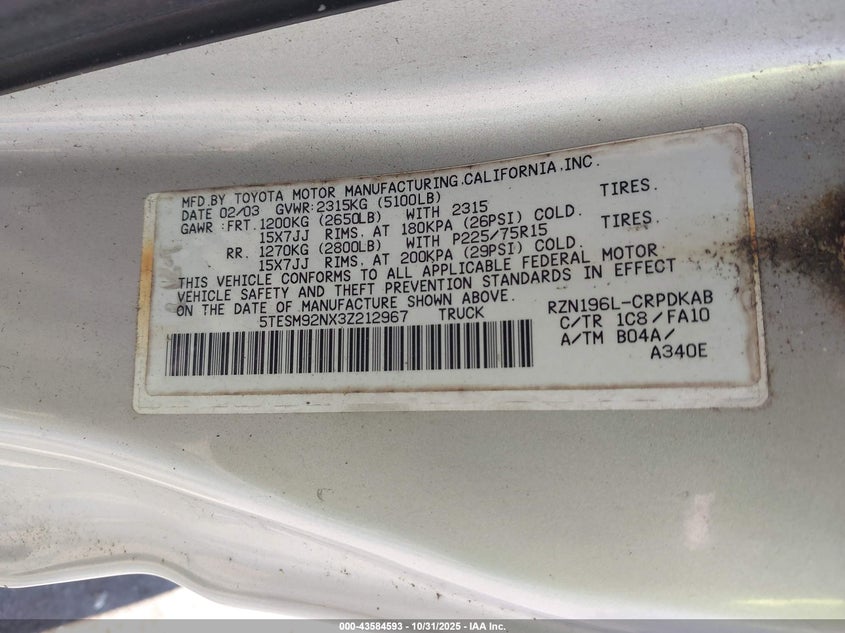 5TESM92NX3Z212967 2003 TOYOTA TACOMA photo no. 9