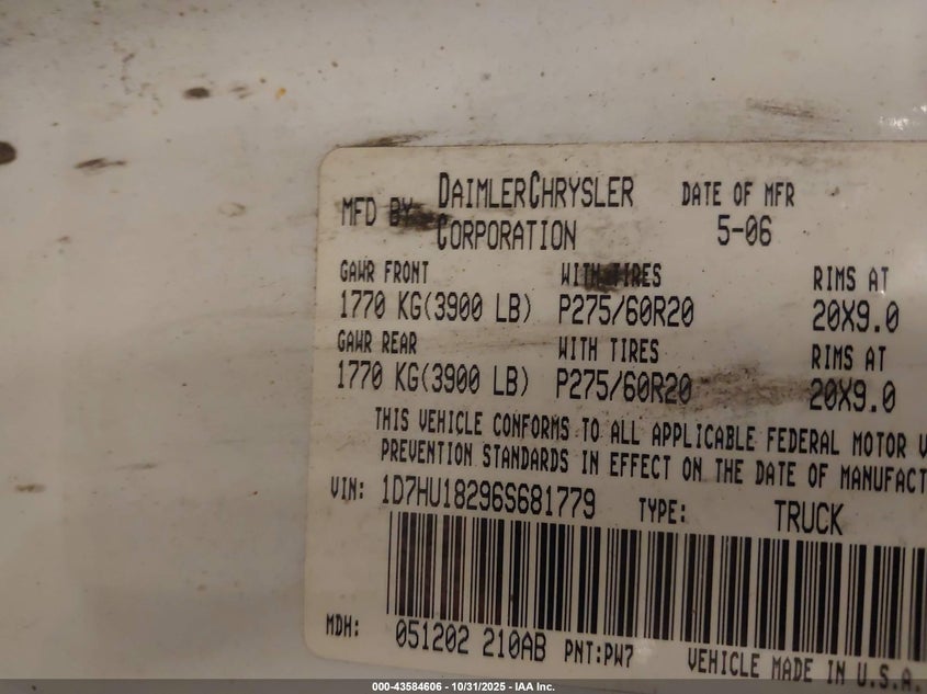 2006 Dodge Ram 1500 Slt/Trx4 Off Road/Sport VIN: 1D7HU18296S681779 Lot: 43584606