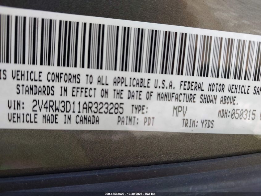 2010 Volkswagen Routan Se VIN: 2V4RW3D11AR323285 Lot: 43584629