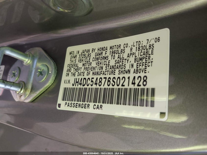 2006 Acura Rsx VIN: JH4DC54876S021428 Lot: 43584640