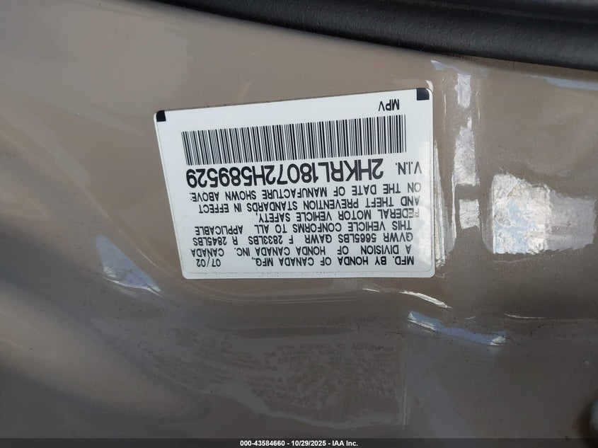 2002 Honda Odyssey Ex-L VIN: 2HKRL18072H589529 Lot: 43584660