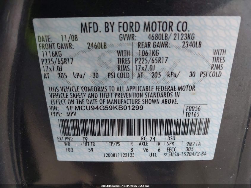 2009 Ford Escape Limited VIN: 1FMCU94G59KB01299 Lot: 43584663