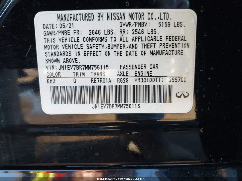 2021 Infiniti Q50 Luxe Awd VIN: JN1EV7BR7MM756115 Lot: 43584675