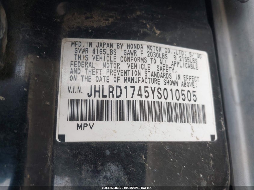 2000 Honda Cr-V Lx VIN: JHLRD1745YS010505 Lot: 43584665