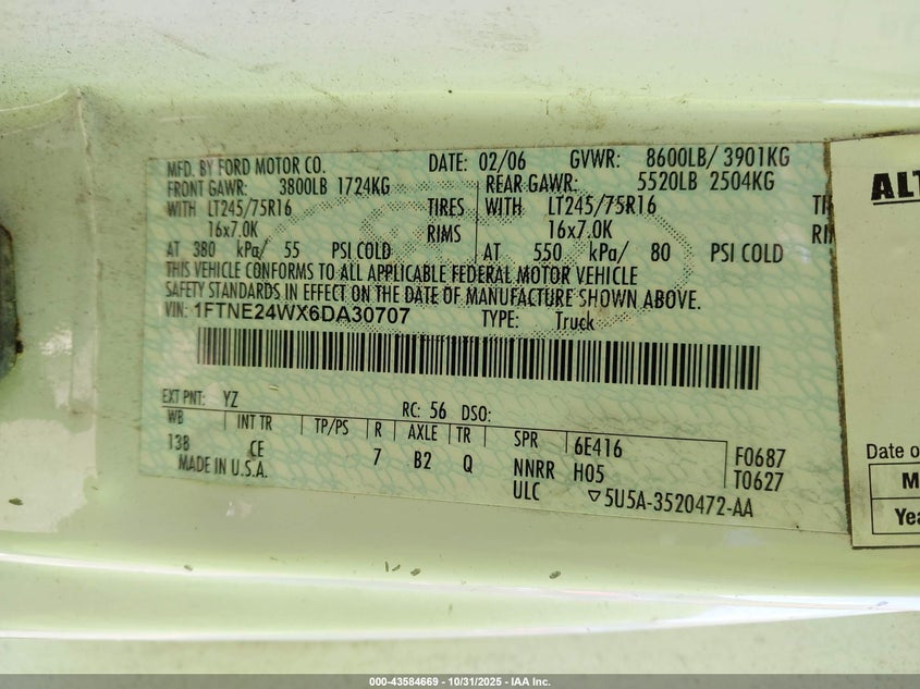 2006 Ford E-250 Commercial/Recreational VIN: 1FTNE24WX6DA30707 Lot: 43584669