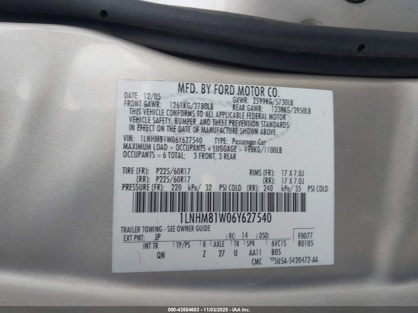 2006 Lincoln Town Car Signature VIN: 1LNHM81W06Y627540 Lot: 43584683