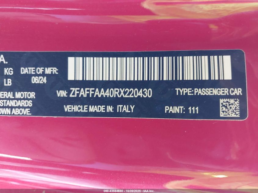 2024 Fiat 500E Inspi(Red) Fwd VIN: ZFAFFAA40RX220430 Lot: 43584680