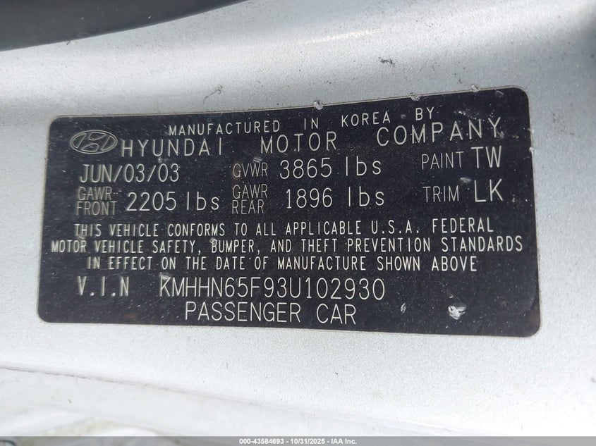 KMHHN65F93U102930 2003 HYUNDAI TIBURON photo no. 9