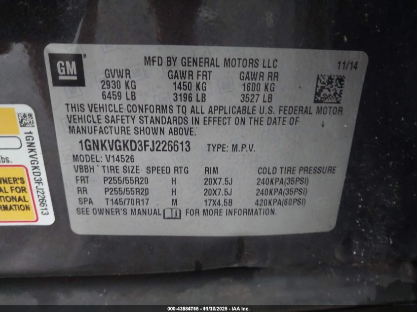 2015 Chevrolet Traverse 1Lt VIN: 1GNKVGKD3FJ226613 Lot: 43584716