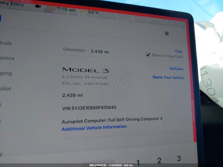 2025 Tesla Model 3 Long Range All-Wheel Drive VIN: 5YJ3E1EB8SF910840 Lot: 43584726