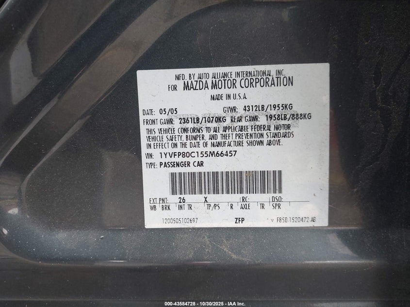 2005 Mazda Mazda6 I Base VIN: 1YVFP80C155M66457 Lot: 43584728
