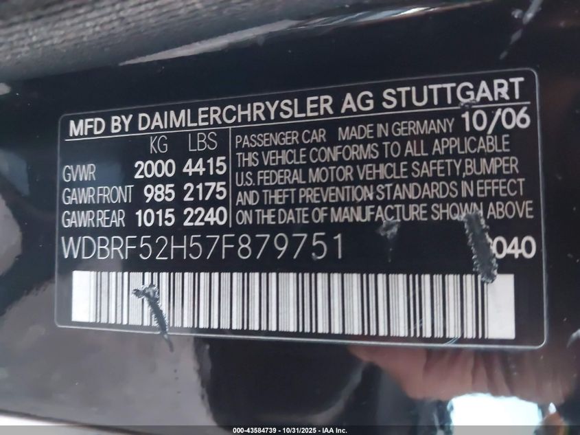 2007 Mercedes-Benz C 230 Sport VIN: WDBRF52H57F879751 Lot: 43584739