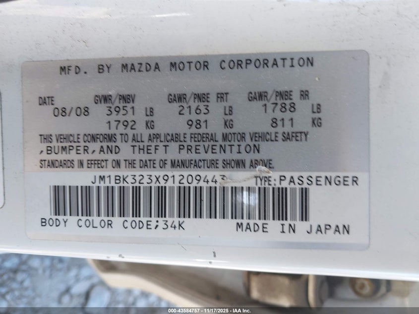 2009 Mazda Mazda3 S Grand Touring VIN: JM1BK323X91209443 Lot: 43584757
