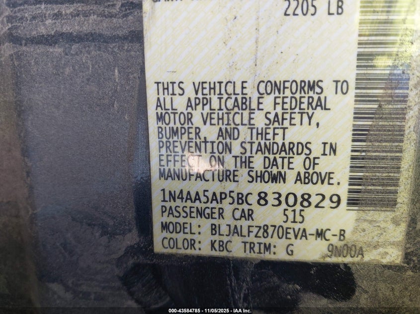 2011 Nissan Maxima 3.5 Sv VIN: 1N4AA5AP5BC830829 Lot: 43584785