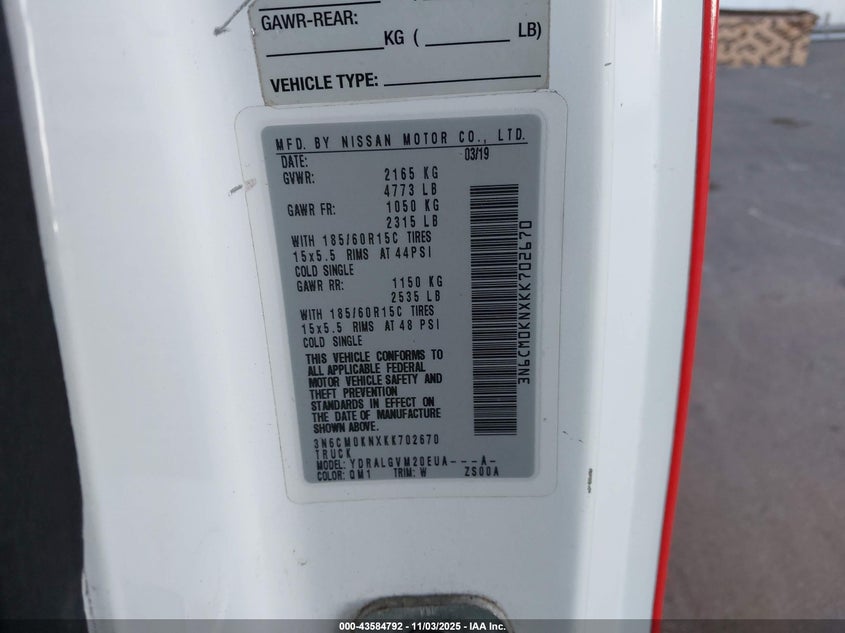 2019 Nissan Nv200 Sv VIN: 3N6CM0KNXKK702670 Lot: 43584792