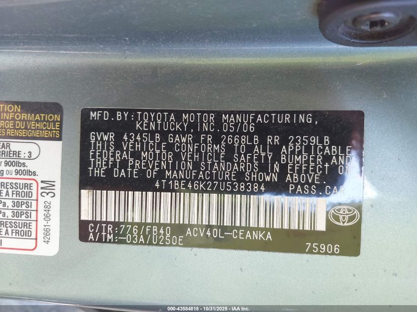 2007 Toyota Camry Le VIN: 4T1BE46K27U538384 Lot: 43584818