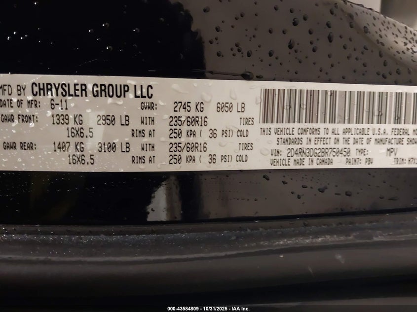 2011 Dodge Grand Caravan Mainstreet VIN: 2D4RN3DG2BR750450 Lot: 43584809