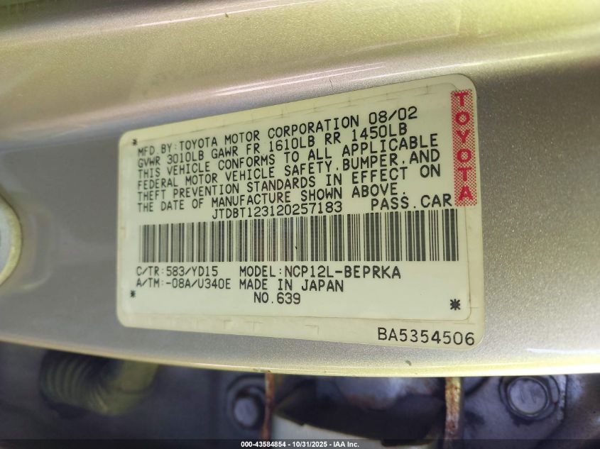 2002 Toyota Echo VIN: JTDBT123120257183 Lot: 43584854