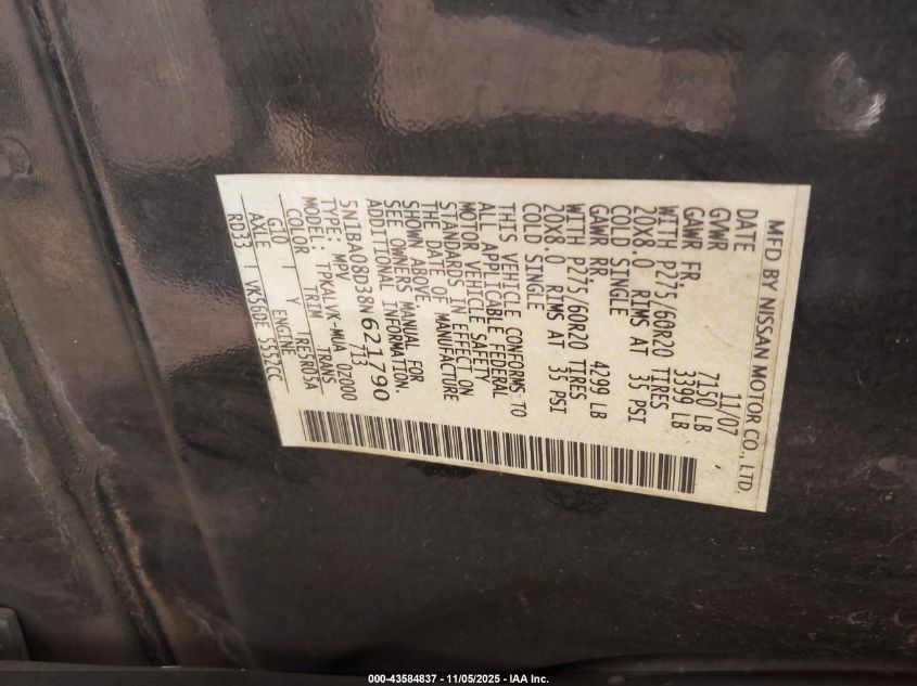 2008 Nissan Armada Le VIN: 5N1BA08D38N621790 Lot: 43584837