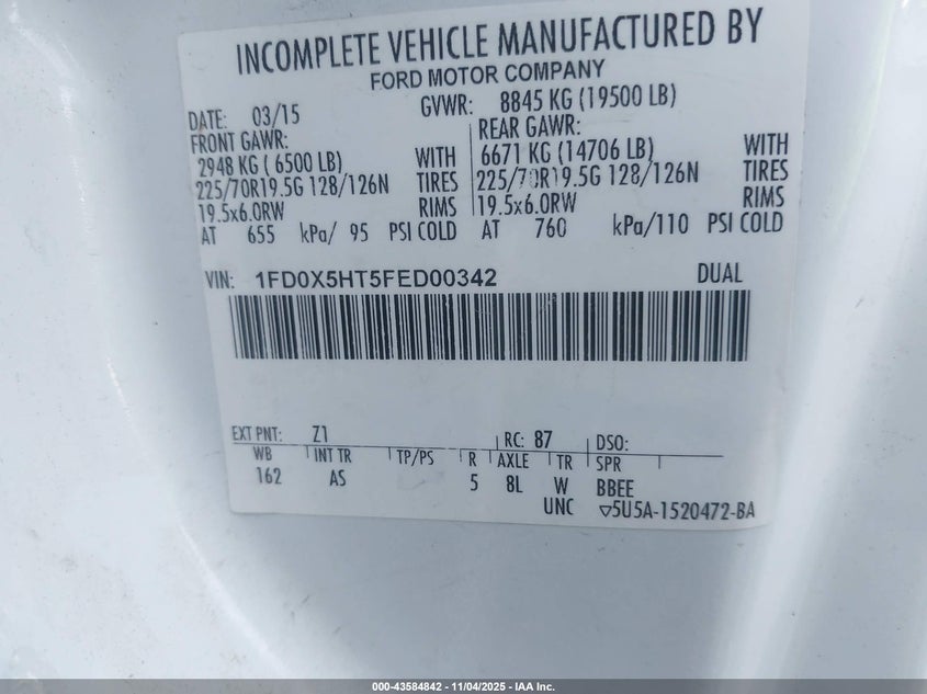 2015 Ford F-550 Chassis Xl VIN: 1FD0X5HT5FED00342 Lot: 43584842