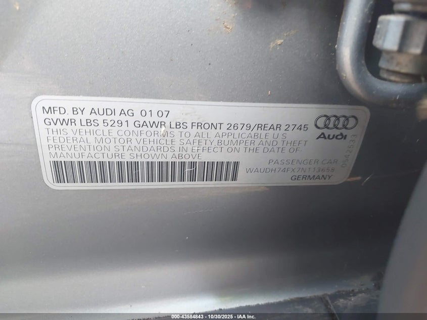 2007 Audi A6 3.2 VIN: WAUDH74FX7N113658 Lot: 43584843