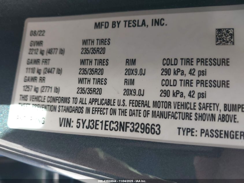 2022 Tesla Model 3 Performance Dual Motor All-Wheel Drive VIN: 7SAYGDEF3NF341682 Lot: 43584844
