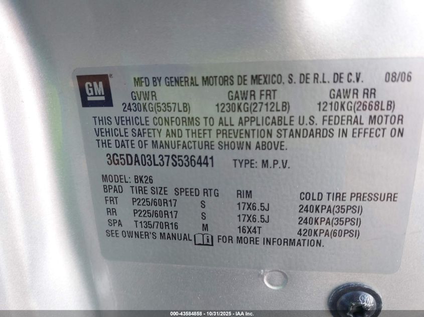 2007 Buick Rendezvous Cx/Cxl VIN: 3G5DA03L37S536441 Lot: 43584858