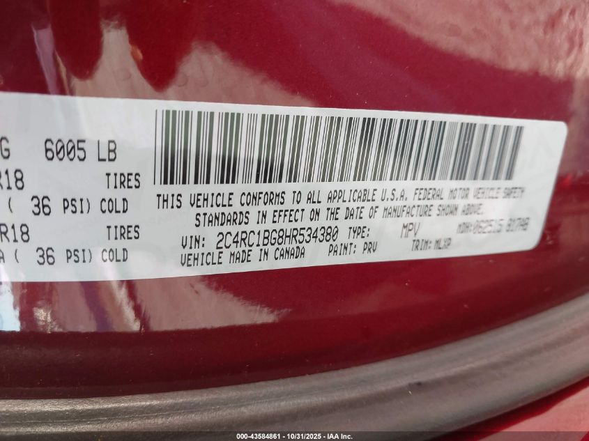 2017 Chrysler Pacifica Touring-L VIN: 2C4RC1BG8HR534380 Lot: 43584861