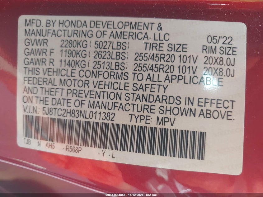 2022 Acura Rdx A-Spec Advance Package/Pmc Edition VIN: 5J8TC2H83NL011382 Lot: 43584855