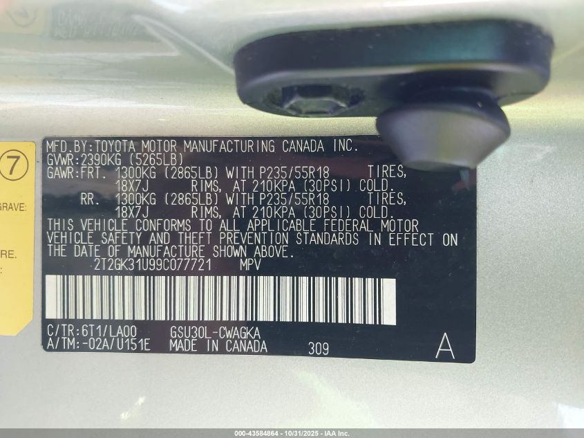 2009 Lexus Rx 350 VIN: 2T2GK31U99C077721 Lot: 43584864