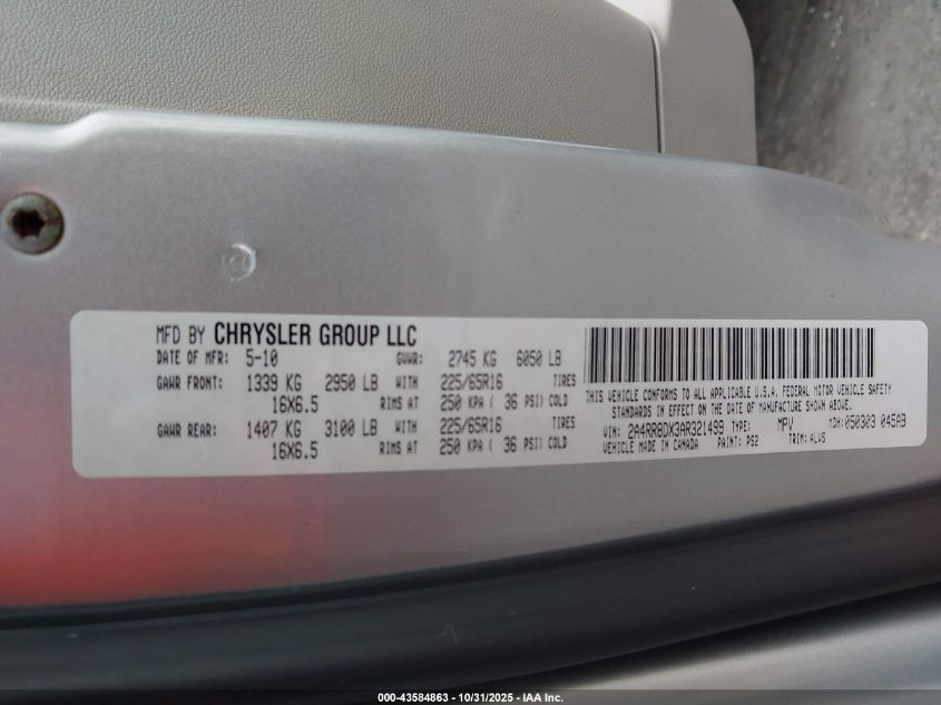 2010 Chrysler Town & Country Touring Plus VIN: 2A4RR8DX3AR321499 Lot: 43584863
