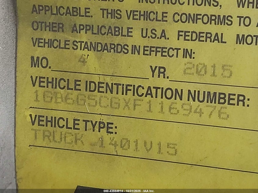 2015 Chevrolet Express Cutaway 4500 VIN: 1GB6G5CGXF1169476 Lot: 43584914