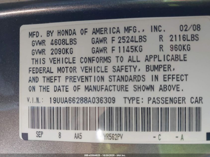 2008 Acura Tl 3.2 VIN: 19UUA66288A036309 Lot: 43584925