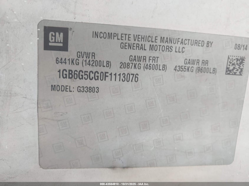 2015 Chevrolet Express Cutaway 4500 VIN: 1GB6G5CG0F1113076 Lot: 43584910