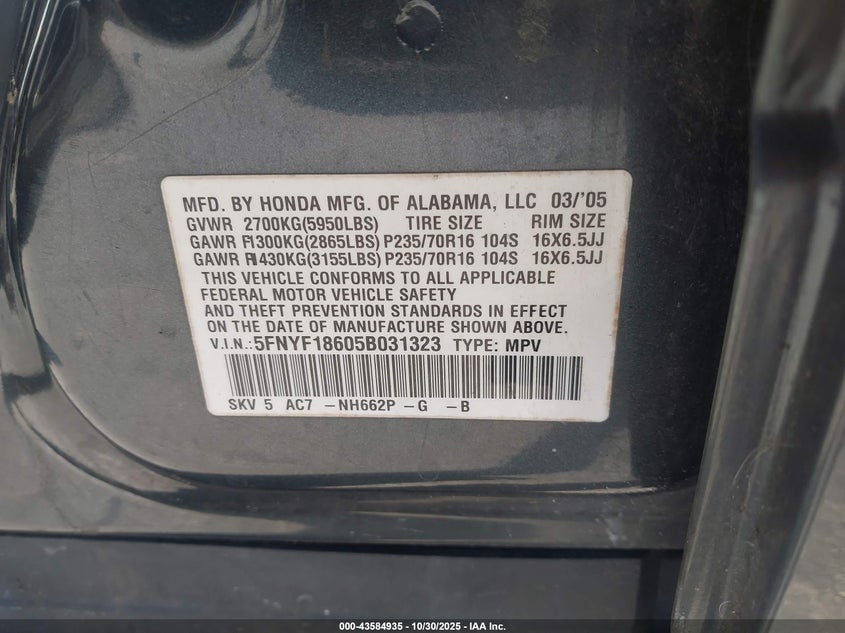 5FNYF18605B031323 2005 HONDA PILOT photo no. 9