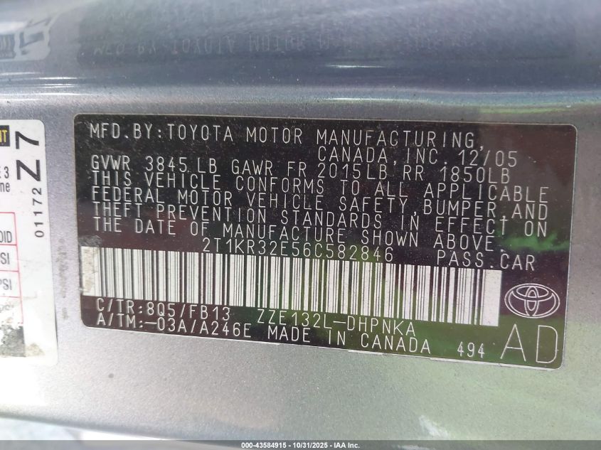 2006 Toyota Matrix Xr VIN: 2T1KR32E56C582846 Lot: 43584915