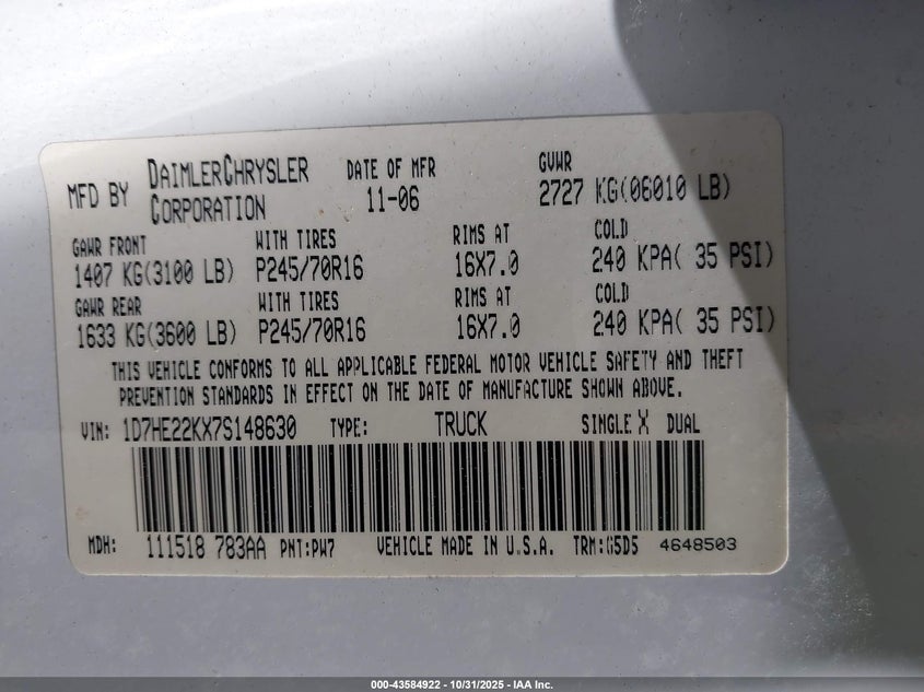2007 Dodge Dakota St VIN: 1D7HE22KX7S148630 Lot: 43584922
