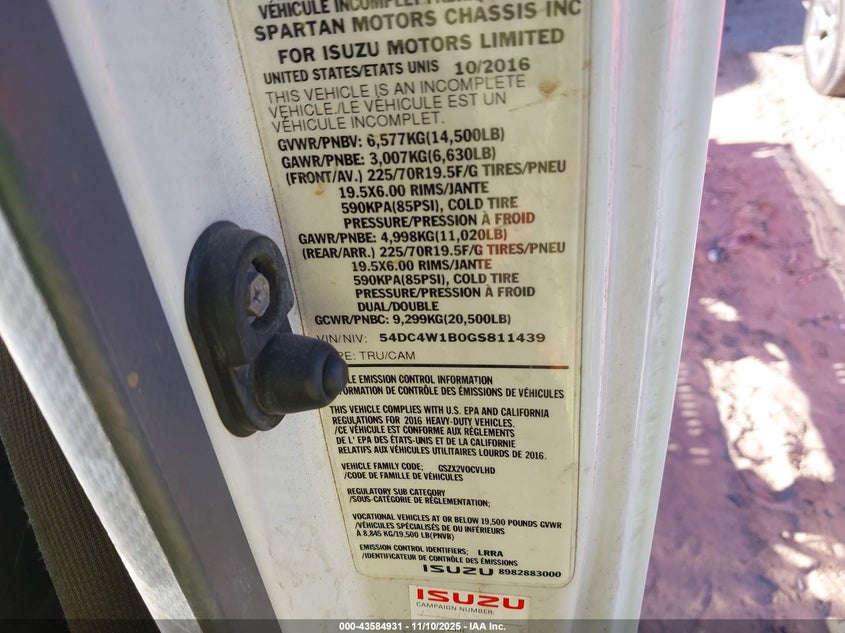 2016 Isuzu Npr Hd Gas Reg VIN: 54DC4W1B0GS811439 Lot: 43584931