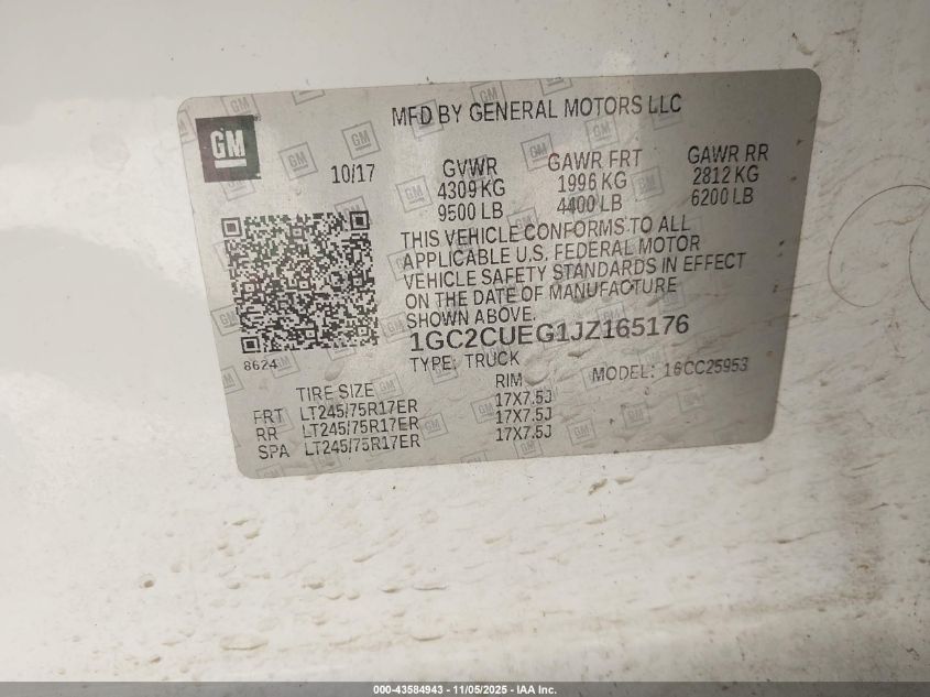 2018 Chevrolet Silverado 2500Hd Wt VIN: 1GC2CUEG1JZ165176 Lot: 43584943