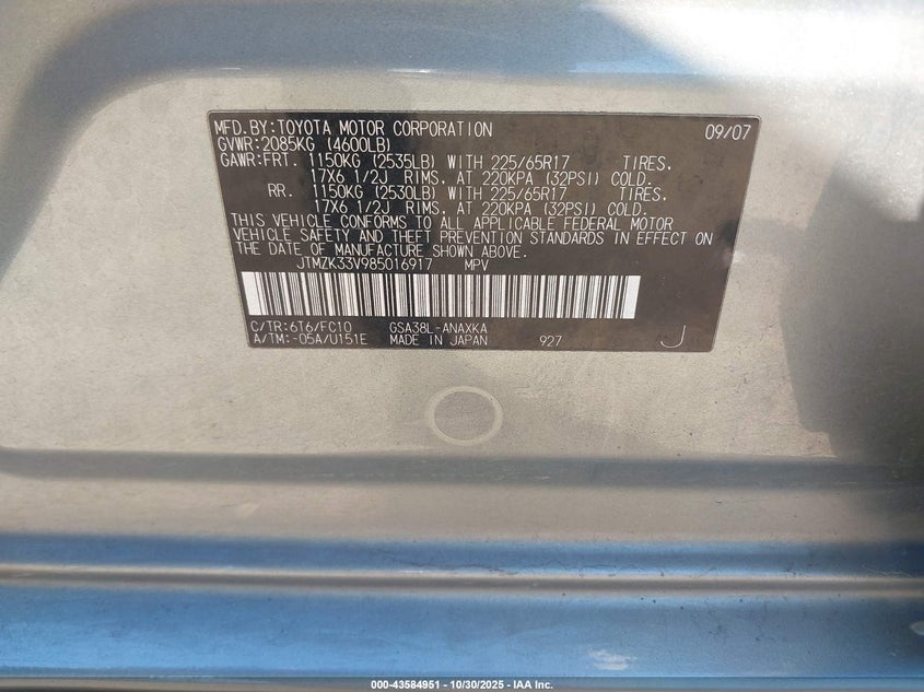 2008 Toyota Rav4 Base V6 VIN: JTMZK33V985016917 Lot: 43584951