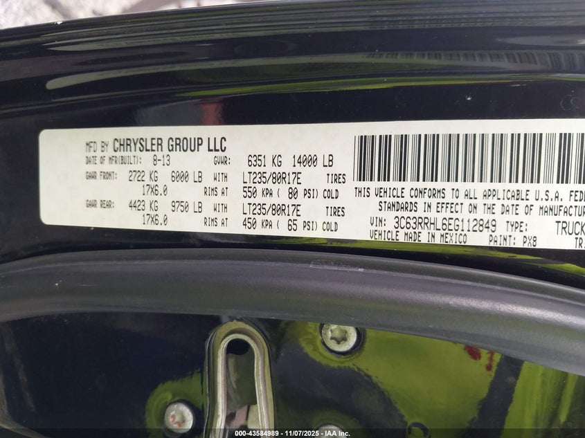 2014 Ram 3500 Big Horn VIN: 3C63RRHL6EG112849 Lot: 43584989