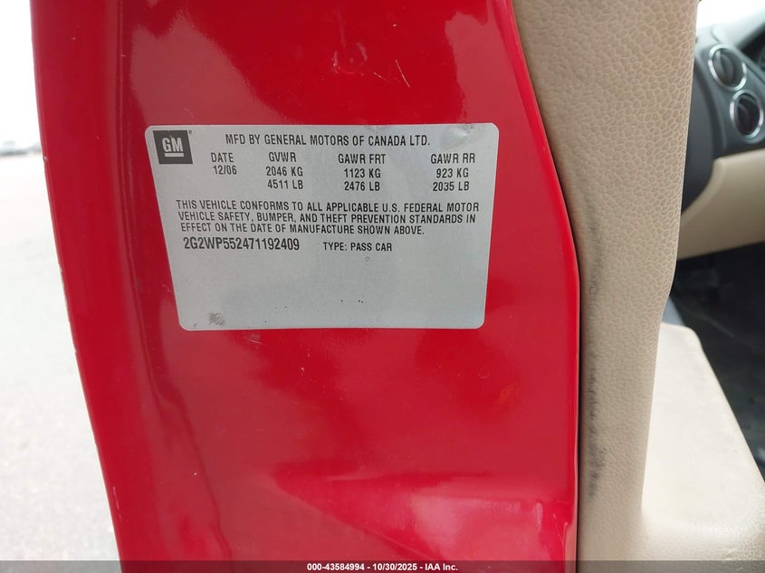 2007 Pontiac Grand Prix VIN: 2G2WP552471192409 Lot: 43584994